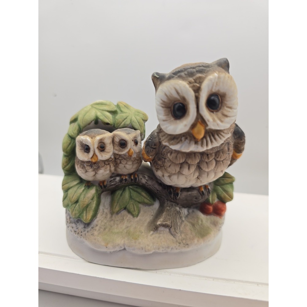 Vintage Homco Porcelain Owl Family Figurine Mother Two Owlets 4"